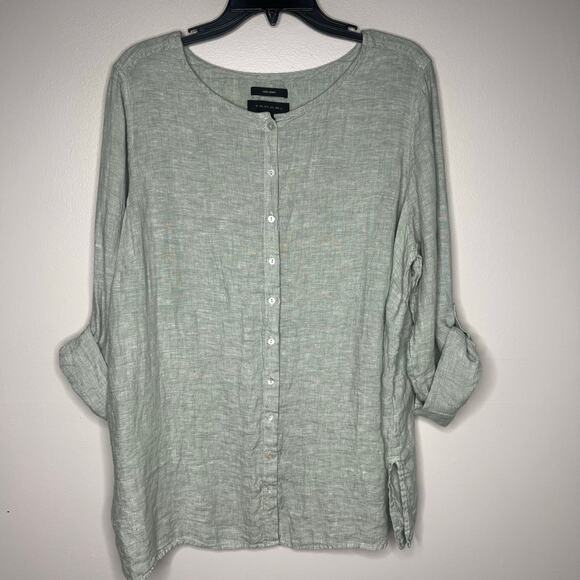 Tahari Women's 1X 100% Linen Tunic Top Sage Green Roll Tab Sleeve Lightweight - Picture 2 of 9